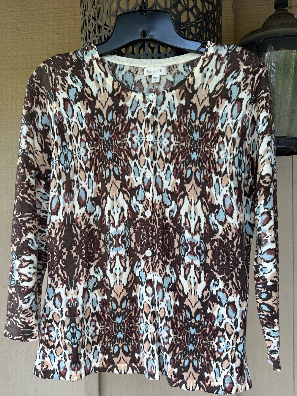 Garnet Hill Brown, Cream & Light Blue Patterned Eco Merino Cardigan